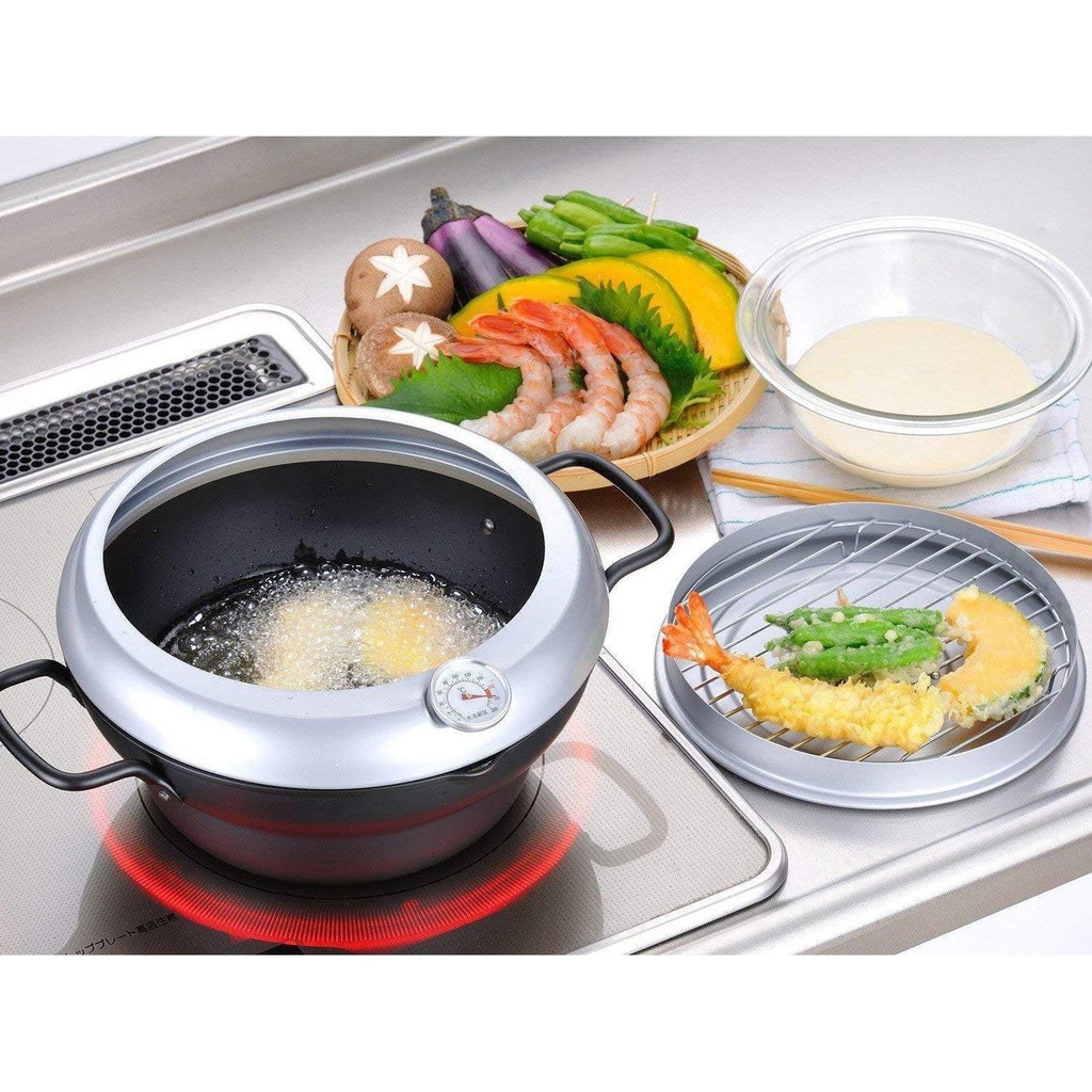 Wahei Induction Iron Deep Fryer Pot With Lid And Oil Drain Rack 24cm