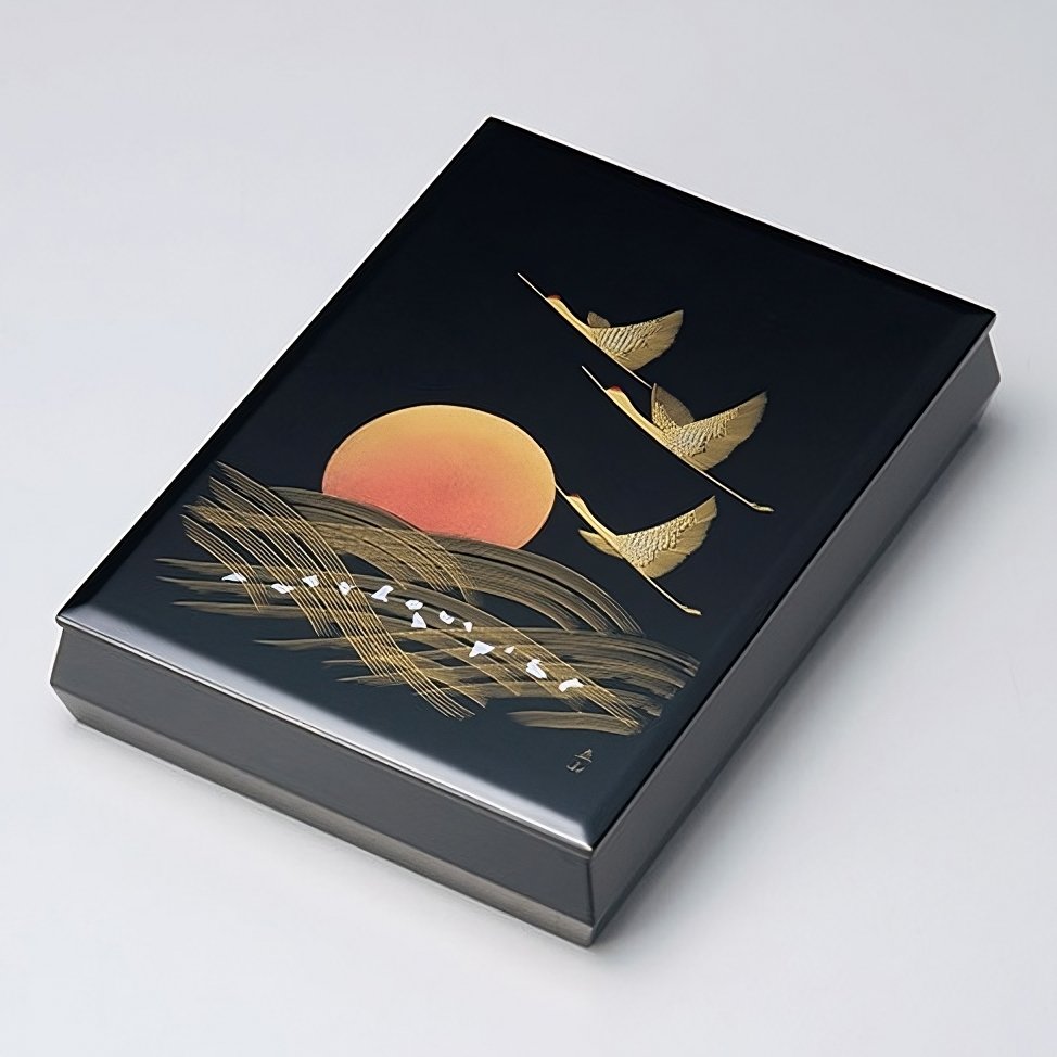 Isuke Handcrafted Lacquered Wooden A4 Storage Box Sunrise Crane
